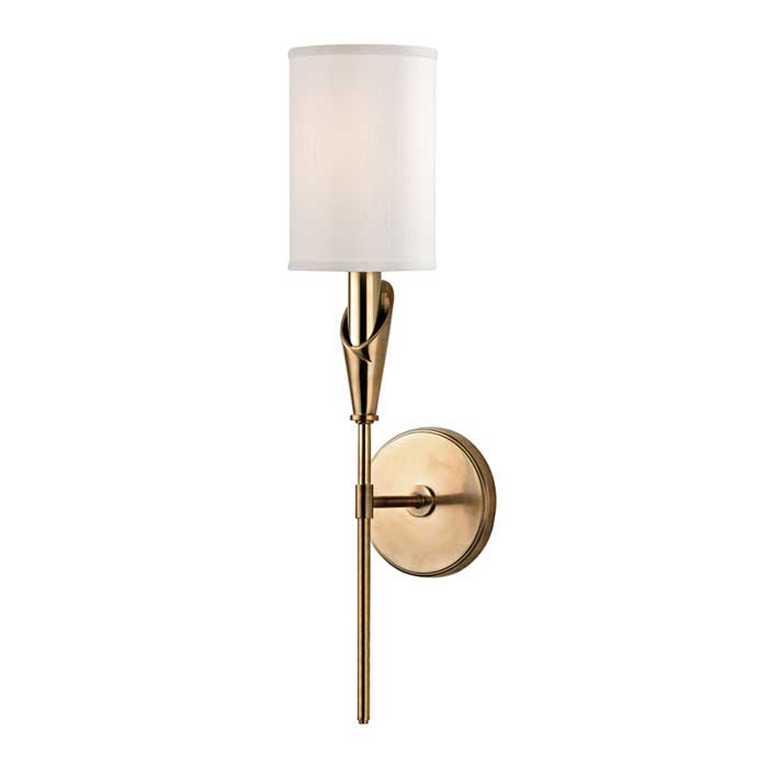 Table Collection 1-Light Wall Sconce in Aged Brass with Cylindrical White Fabric Shade Hudson Valley 1311-AGB