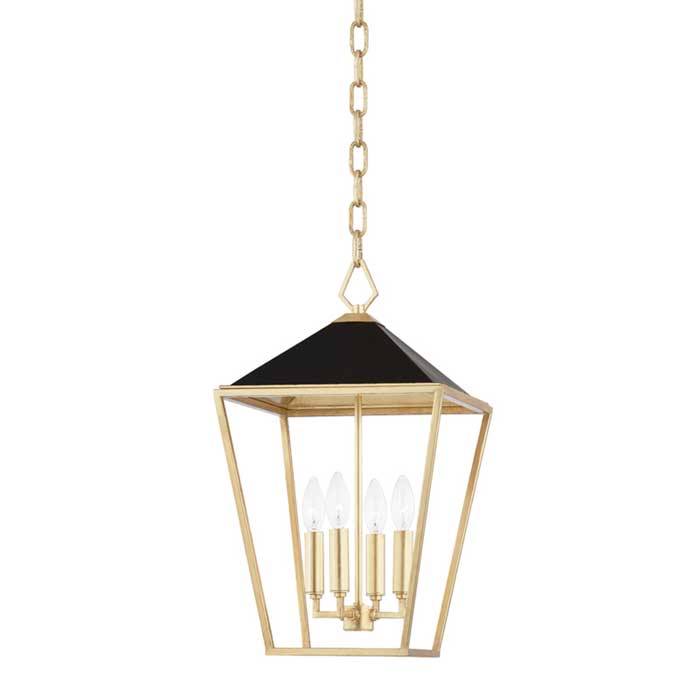 Paxton Collection 4-Light Foyer/Outdoor Pendant in Gold Leaf and Black with Candelabra Bases Hudson Valley 5713-GL/BK