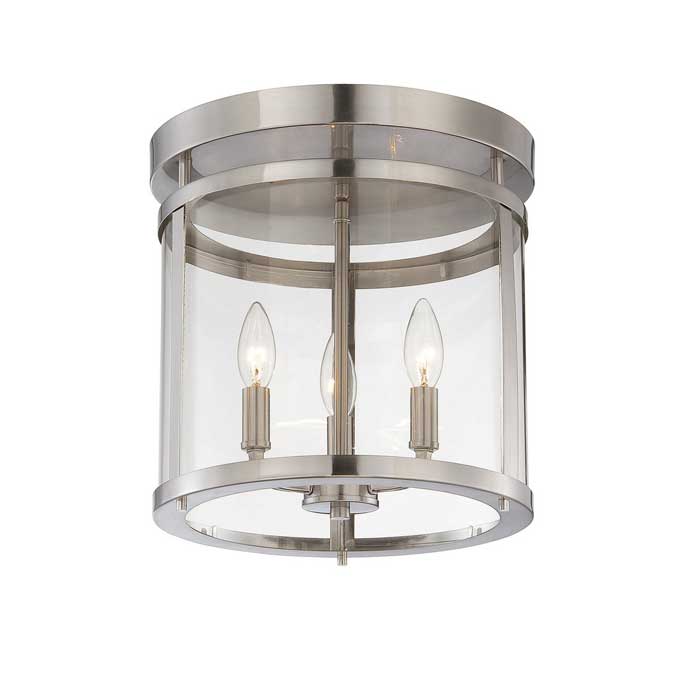 Penrose Collection 3-Light Flush Mount in Satin Nickel with Curved Clear Glass Panels Savoy House 6-1043-3-SN