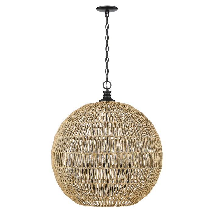 Florence Collection 5-Light Pendant in Matte Black with Hand Woven Raphia Rope Shade Golden Lighting 6933-5P BLK-NR