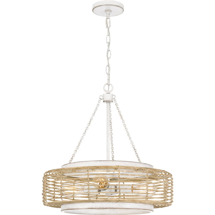 Waylon Collection 4-Light Pendant in Antique White with Natural Wood Woven Shade Quoizel QP5573AWH