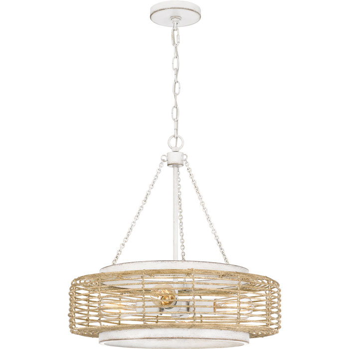 Waylon Collection 4-Light Pendant in Antique White with Natural Wood Woven Shade Quoizel QP5573AWH
