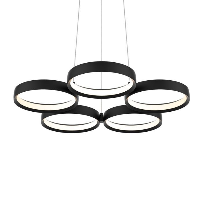 Art Deco Collection LED Pendant in Black with Five Concentric LED-Lined Rings