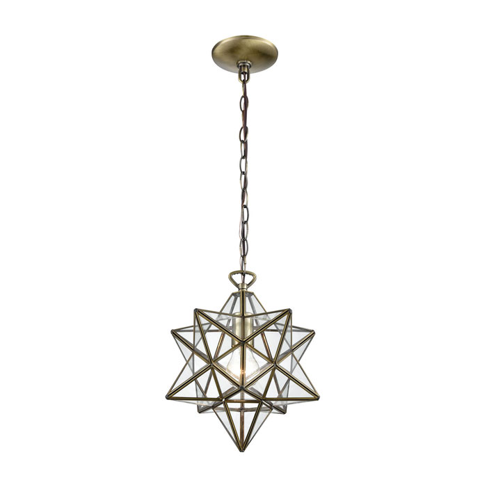 Morovian Star Collection 1-Light Mini Pendant in Antique Brass Star Frame with Multiple Glass Panels Elk Home 1145-020
