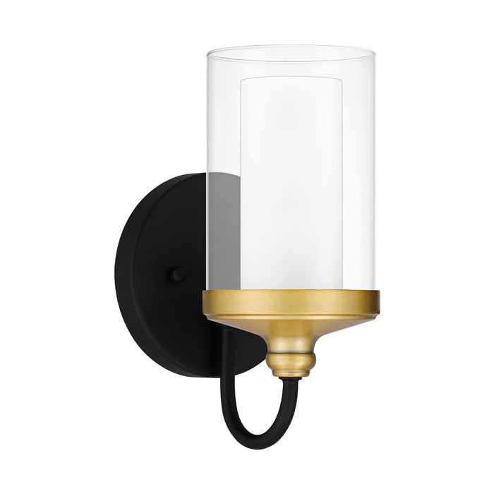 Rowland Collection 1-Light Wall Sconce in Matte Black with Brass and Clear Outer / Sandblasted Inner Glass Shade Quoizel ROW8605MBK