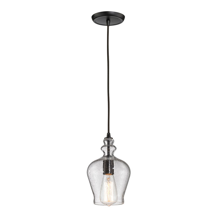 Menlow Park Collection 1-Light Mini Pendant in Oil Rubbed Bronze with Clear Seedy Glass Blown Shade Elk Home