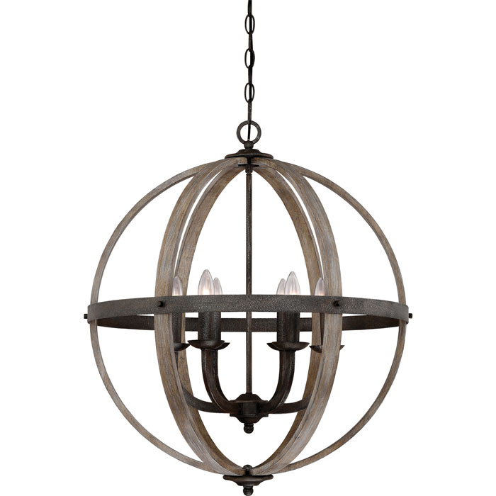 Fusion Collection 6-Light Foyer Pendant in Rustic Black with Rich Faux Wood Finished Steel Frame Quoizel