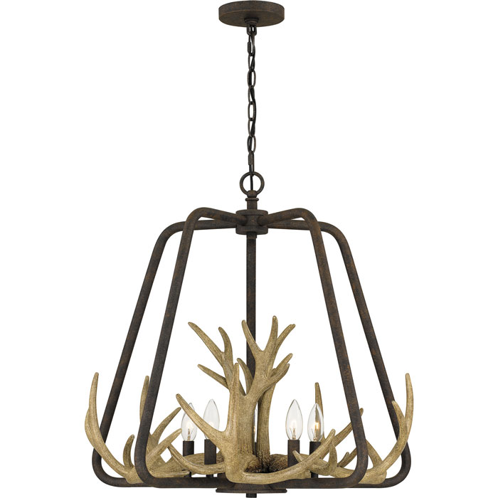Laurent Collection 5-Light Pendant in Rustic Black with Faux Antlers Quoizel