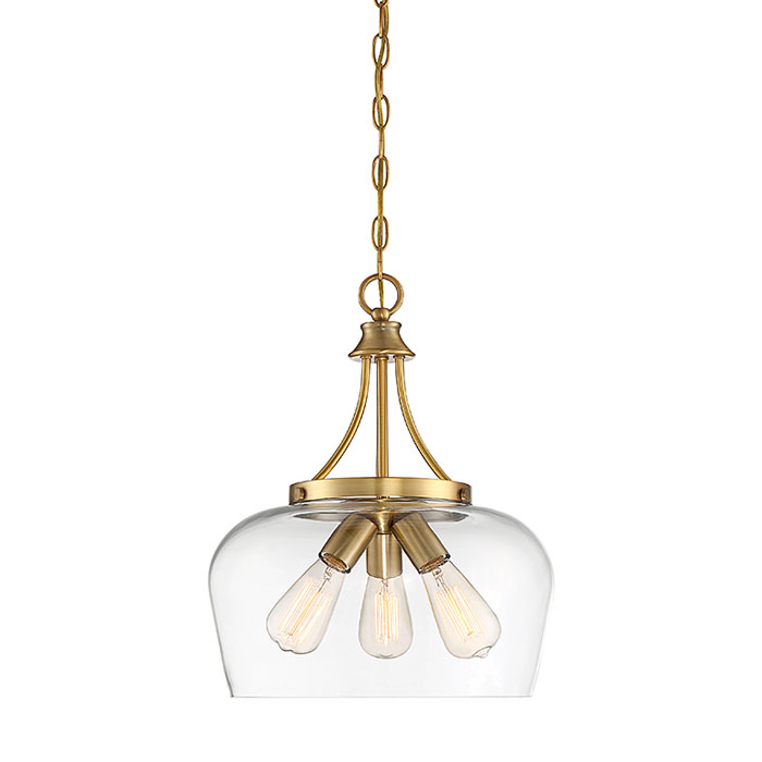Octave Collection 3-Light Pendant in Warm Brass with Curved Clear Glass Shade Savoy House