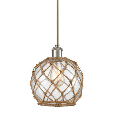 Ballston Collection LED Mini Pendant in Brushed Satin Nickel with Rope-Wrapped Clear Glass Shade Innovation 516-1S-SN-G122-8RB-LED