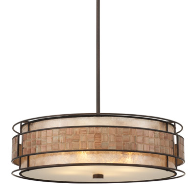 Laguna Collection 4-Light Pendant in Renaissance Copper with Taupe Mica Shade and Mosaic Tile Stripe Quoizel MC8420CRC