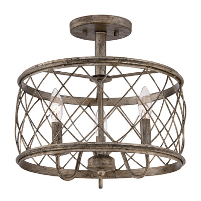 Dury Collection 3-Light Semi-Flush Mount in Century Silver Leaf with Criss-Crossed Banded Shade Quoizel RDY1714CS