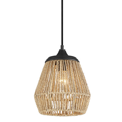 Romain Collection 1-Light Mini Pendant in Earth Black with Natural Rattan Shade Quoizel RMI1509EK