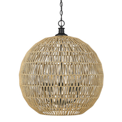 Florence Collection 5-Light Pendant in Matte Black with Hand-Wover Raphia Rope-Wrapped Shade Golden 6933-5P BLK-NR