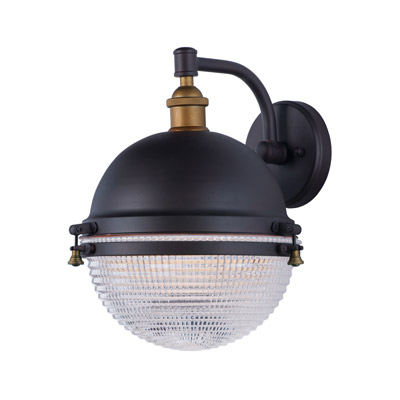 Portside Collection 1-Light Outdoor Wall Mount Lantern in Oil Rubbed Bronze / Antique Brass with Clear Prismatic Glass Shade Maxim 10186OIAB