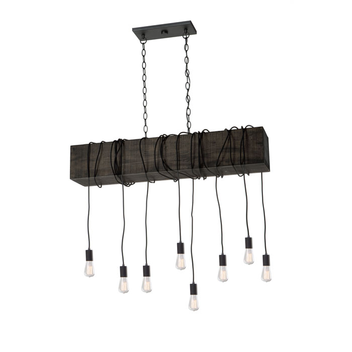 Farmhouse Collection 8-Light Linear Island Pendant in Dark Pine with Black Textile Wires Artcraft AC11508BK