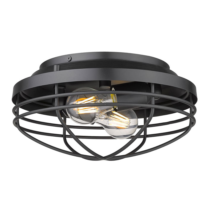 Seaport BLK Collection 2-Light Flush Mount in Matte Black with Cage and Optional Seeded Glass Shade Golden Lighting 9808-FM BLK