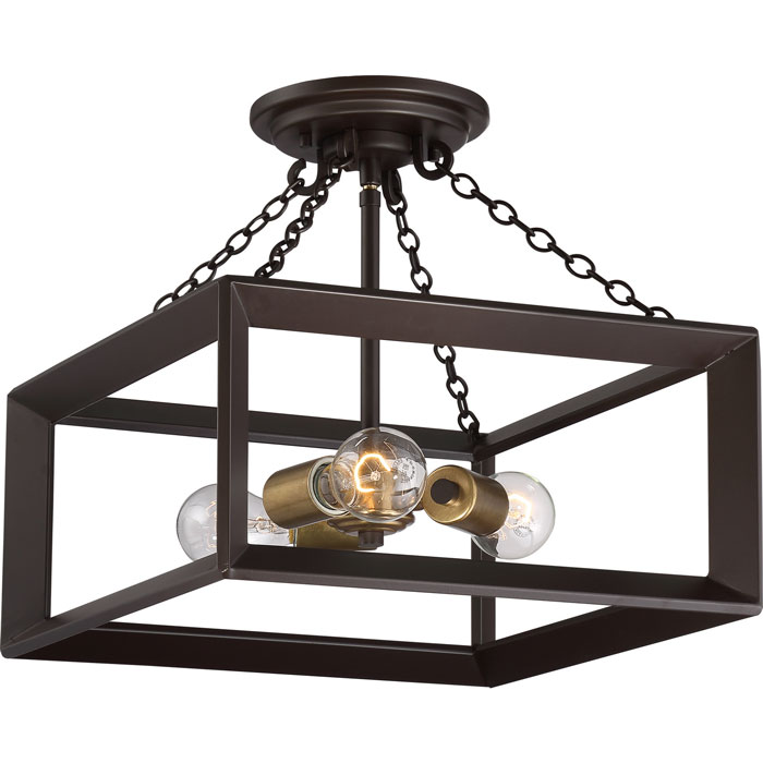3-Light Semi Flush Mount in Western Bronze with Painted Antique Brass Accents Quoizel