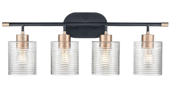 Renitta Collection 4-Light Bath Vanity in Matte Black with Modern Gold Accents and Clear Ribbed Glass Shades Millennium 9414-MB/MG