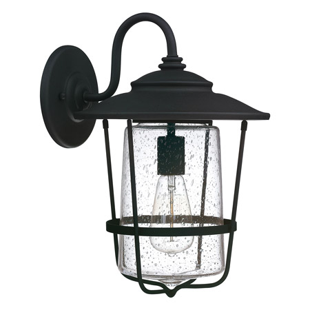 Creekside Collection 1-Light Outdoor Wall Mount Lantern in Black with Caged Clear Seeded Glass Shade Capital Lighting 9602BK
