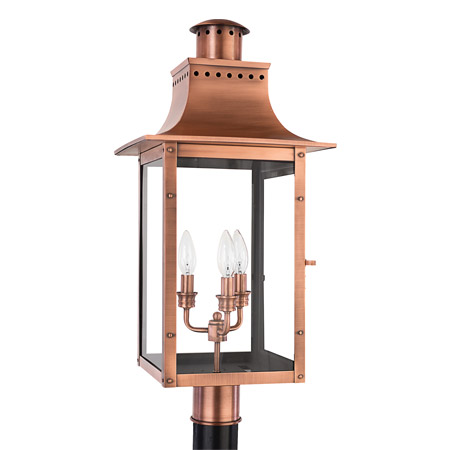 Chalmers Collection 3-Light Outdoor Post Lantern in Aged Copper with Clear Glass Panels Quoizel CM9012AC