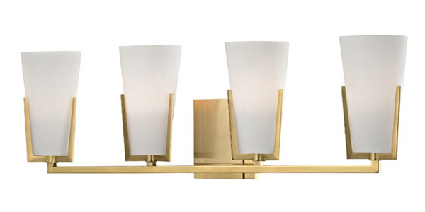 Upton Collection 4-Light Bath Vanity in Aged Brass with Mouth-Blown Frosted White Glass Shades Hudson Valley 1804-AGB