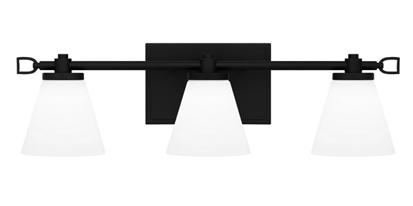 Daniels Collection 3-Light LED Bath Vanity in Matte Black with White Opal Etched Glass Shades Quoizel DNL8621MBK