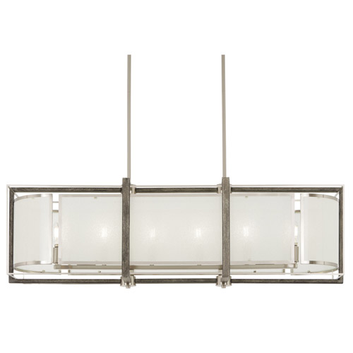 Tyson’s Gate 6-Light Island Pendant in Brushed Nickel with Shale Wood Frame and White Iris Shade Minka-Lavery 4569-098