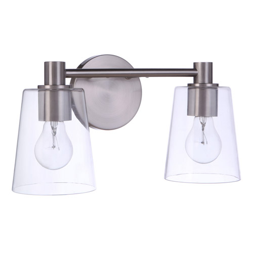 Emilio Collection 2-Light Bath Vanity in Brushed Polished Nickel with Slightly Flared Clear Glass Shades Craftmade 12615BNK2