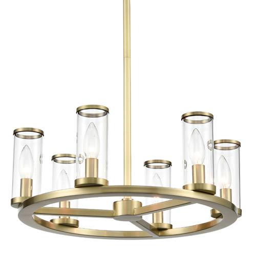 Revolve Collection 6-Light Chandelier in Natural Brass with Cylindrical Metal-Banded Clear Glass Shades Alora CH309006NBCG