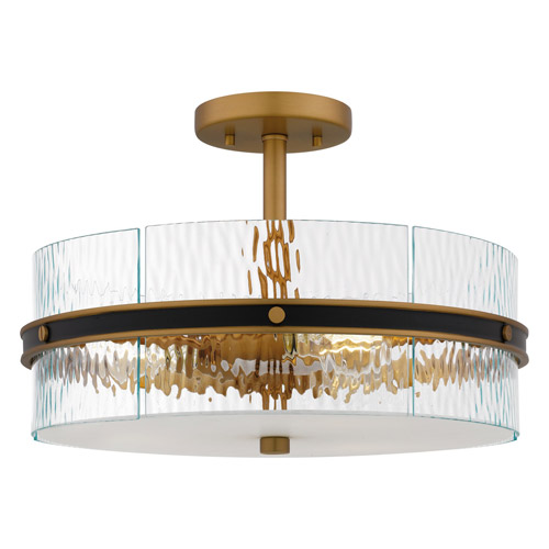 Reagan Collection 3-Light Semi-Flush Mount in Matte Black with Brushed Weathered Brass Accents and Clear Water Glass Drum Shade Quoizel REA1716MBK