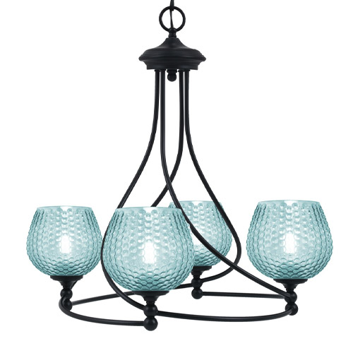 Capri Collection 4-Light Chandelier in Matte Black with Textured Turquoise Glass Shades Toltec 904-MB-4605