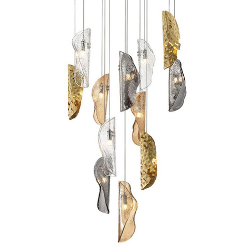 Sorrento Collection LED Chandelier in Black with Clear, Amber & Smoke Piastra Glass with Hand-Forged Leaves Lib & Co 10164-024-02