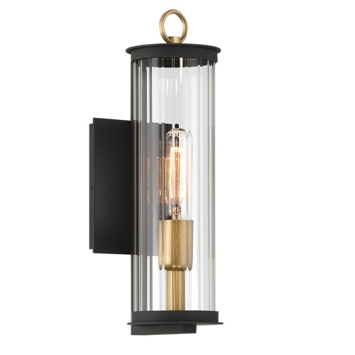Cara Collection 1-Light Outdoor Wall Sconce in Matte Black and Painted Legacy Brass with Clear Ribbed Glass Shade Minka-Lavery 79000-734