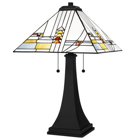 Tiffany Collection 2-Light Table Lamp in Matte Black with Geometric White & Colored Glass Shade Quoizel TF16146MBK