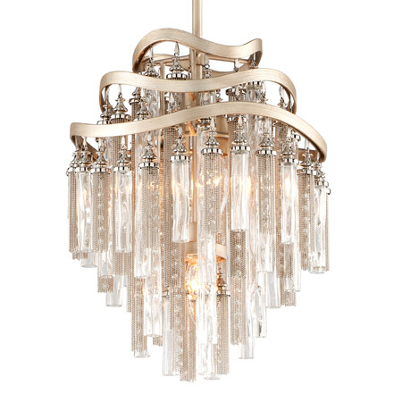 Chimera Collection 3-Light Pendant in Warm Silver Leaf with Nickel & Crystals Tassels and Clear Tubular Glass Shades Corbett 176-43-WSL