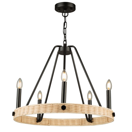 Perris Collection 5-Light Chandelier in Black with Woven Natural Rattan Frame Artcraft AC11715BK