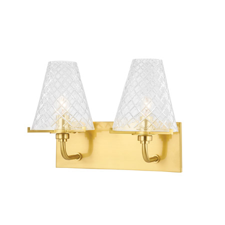 Irene Collection 2-Light Bath Vanity in Aged Brass with Clear Patterned Glass Shades Mitzi H495302-AGB
