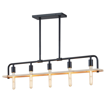 Loft Collection 5-Light Island Chandelier in Matte Black with Natural Wood Accent Bar Justice ECO-8469-WOOD-MBLK