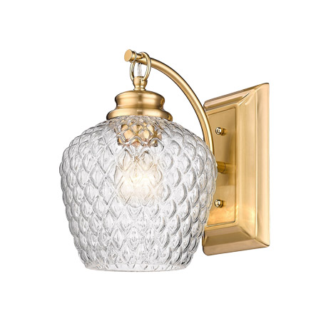 Adeline Collection 1-Light Wall Sconce in Modern Brushed Gold with Clear Pressed Glass Shade Golden 1088-1W MBG-CLR