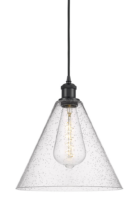 Ballston Collection 1-Light Mini Pendant in Matte Black with Cone-Shaped Seedy Glass Shade Innovations 516-1P-BK-GBC-124