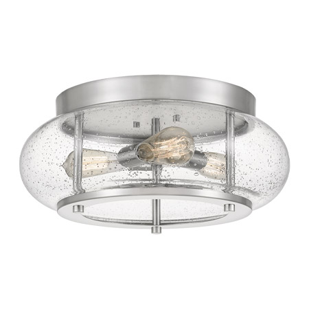 Trilogy Collection 3-Light Flush Mount in Brushed Nickel with Clear Seedy Glass Globe Shade Quoizel TRG1616BN