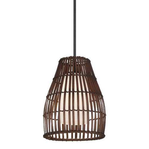 Brentwood Shore Collection 1-Light Pendant in Coal with Slatted Bamboo Outer/ Etched Opal Glass Inner Shade Minka-Lavery 2161-66A
